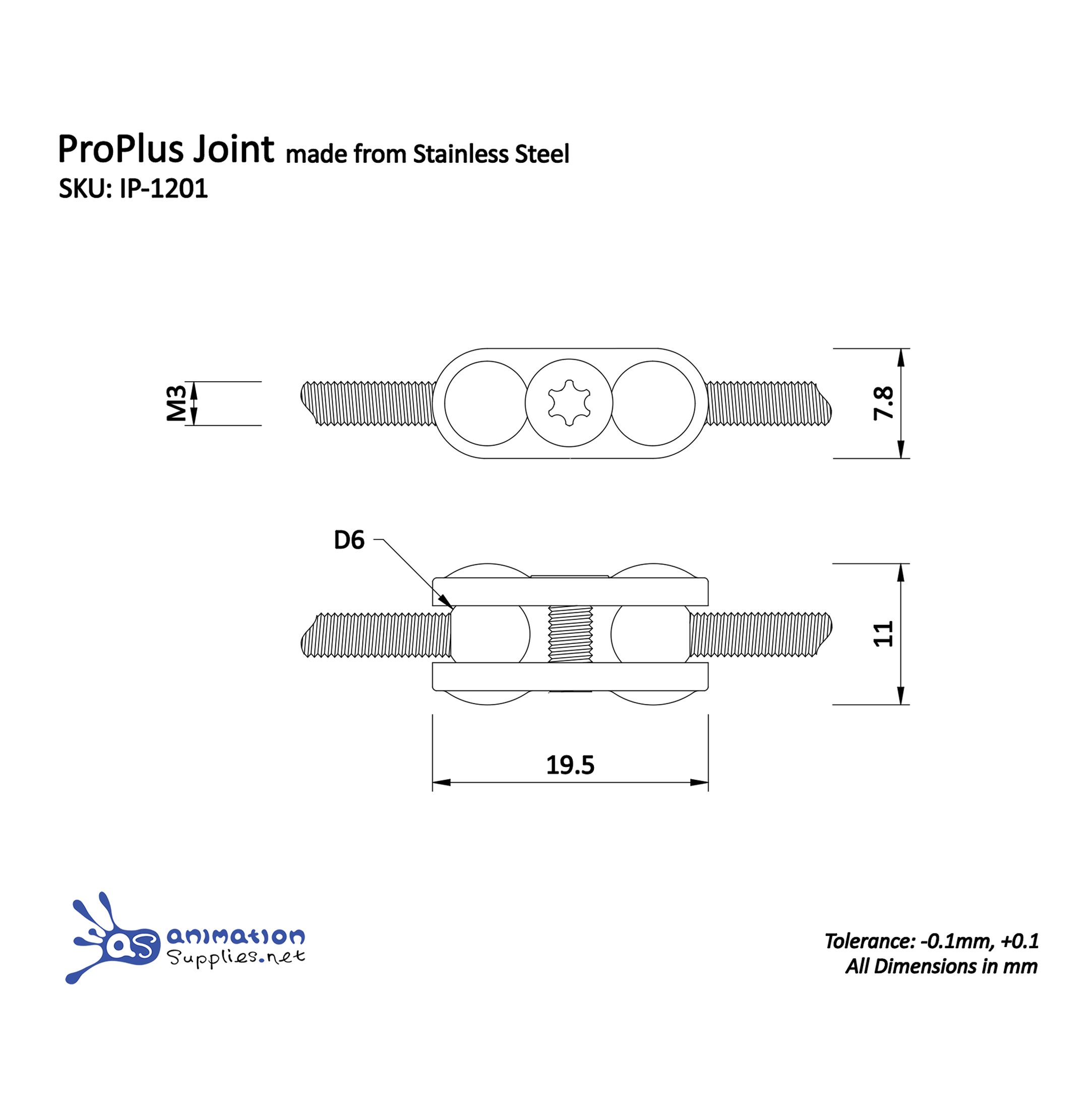 Technical drawing of a ProPlus Joint for Stop Motion Animation with dimensions and specifications.