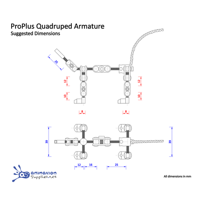 Technical drawing of ProPlus Quadruped Stop Motion Armature with suggested dimensions.