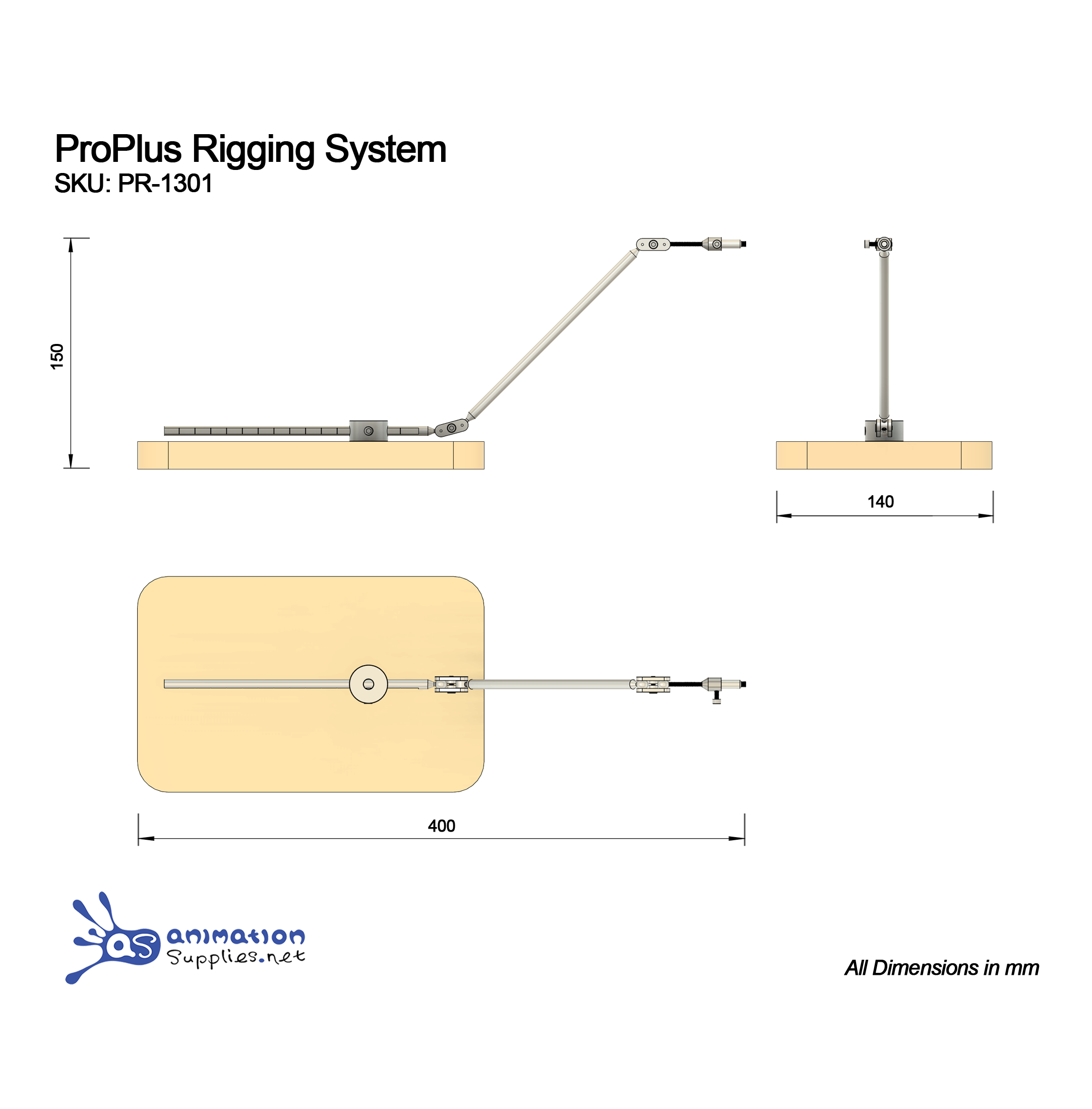 Technical diagram of ProPlus Stop Motion Rigging System being used horizontally.  With dimensions.