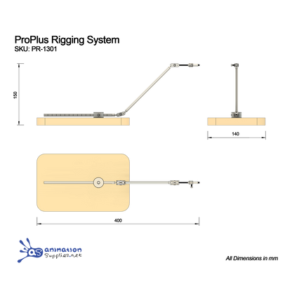 Technical diagram of ProPlus Stop Motion Rigging System being used horizontally.  With dimensions.