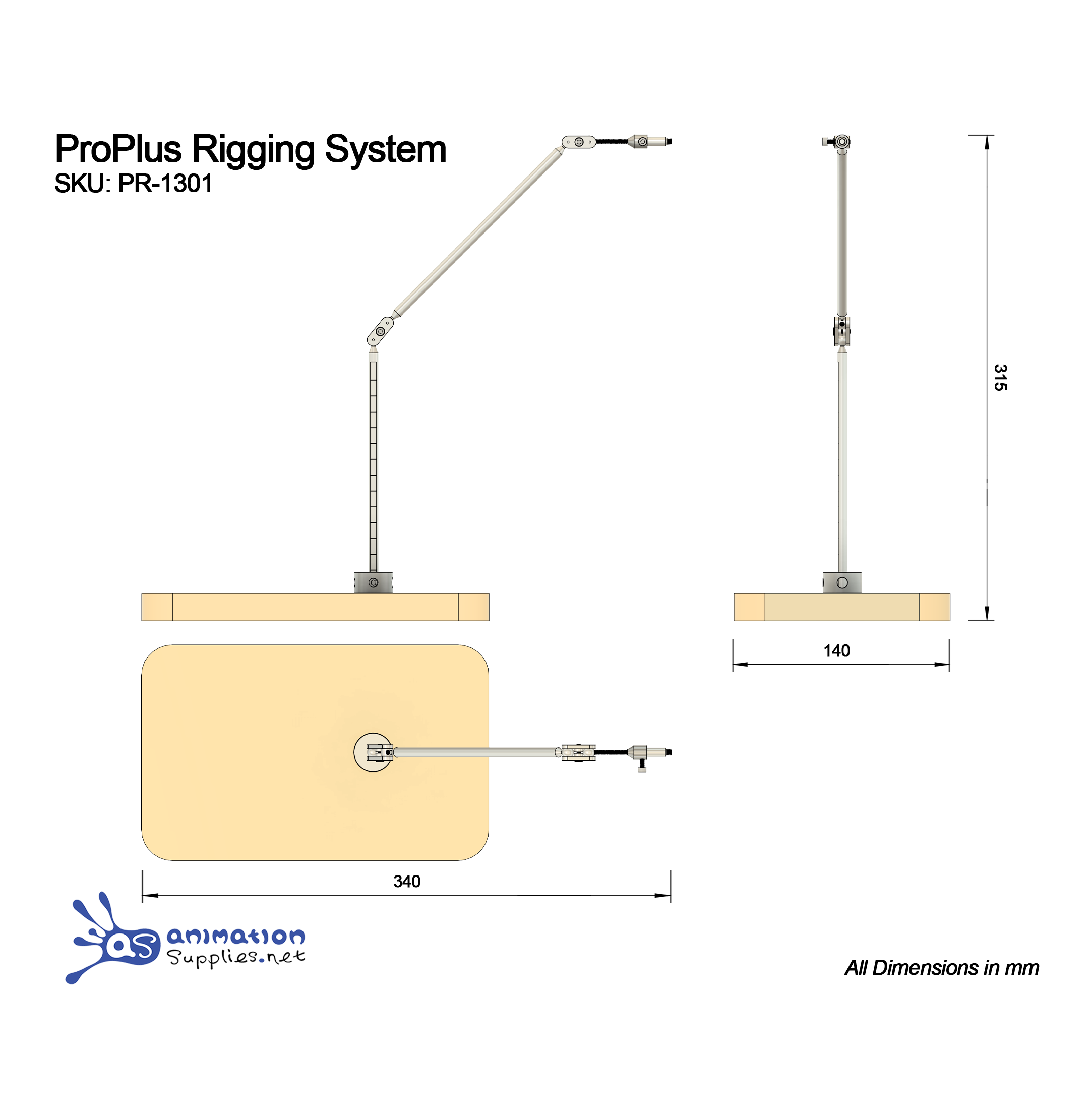 Scale technical diagram of ProPlus Stop Motion Rigging System being used vertically.  Includes dimensions.