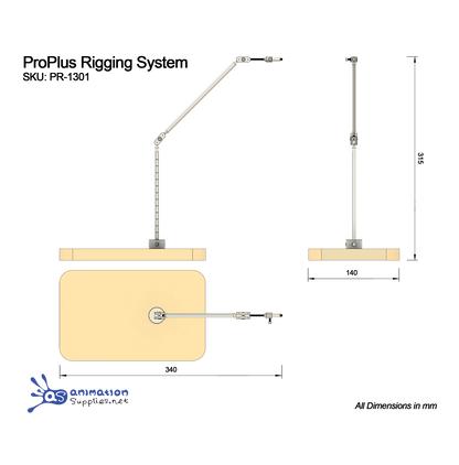 Scale technical diagram of ProPlus Stop Motion Rigging System being used vertically.  Includes dimensions.