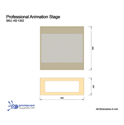 Professional Animation Stage with dimensions and specifications. The perfect platform for Stop Motion Animation.