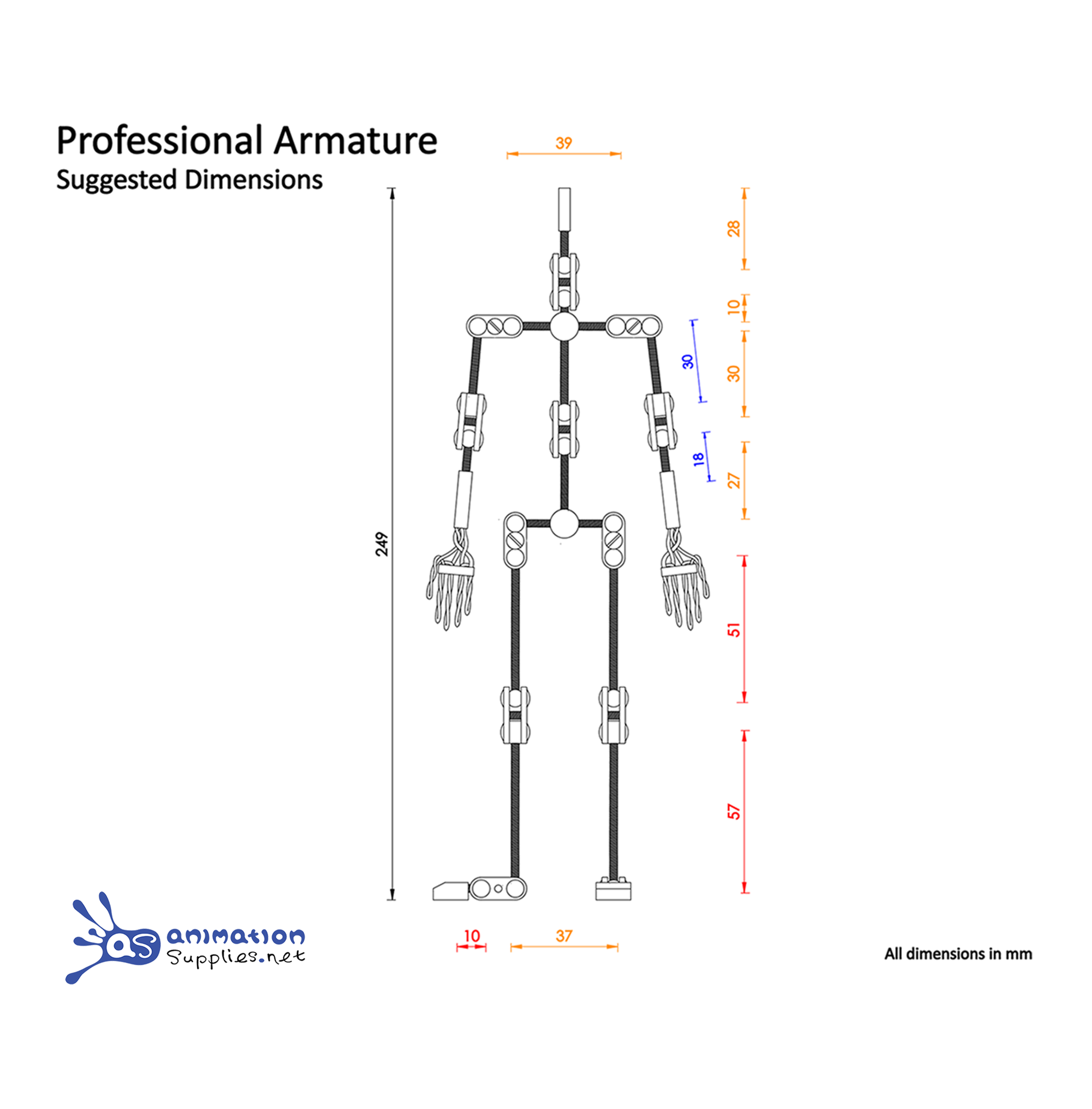 Diagram of the Animation Supplies Professional stop motion armature with suggested dimensions.