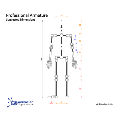 Diagram of the Animation Supplies Professional stop motion armature with suggested dimensions.