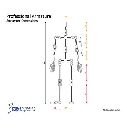 Diagram of the Animation Supplies Professional Armature with suggested dimensions for your Stop Motion Puppet.