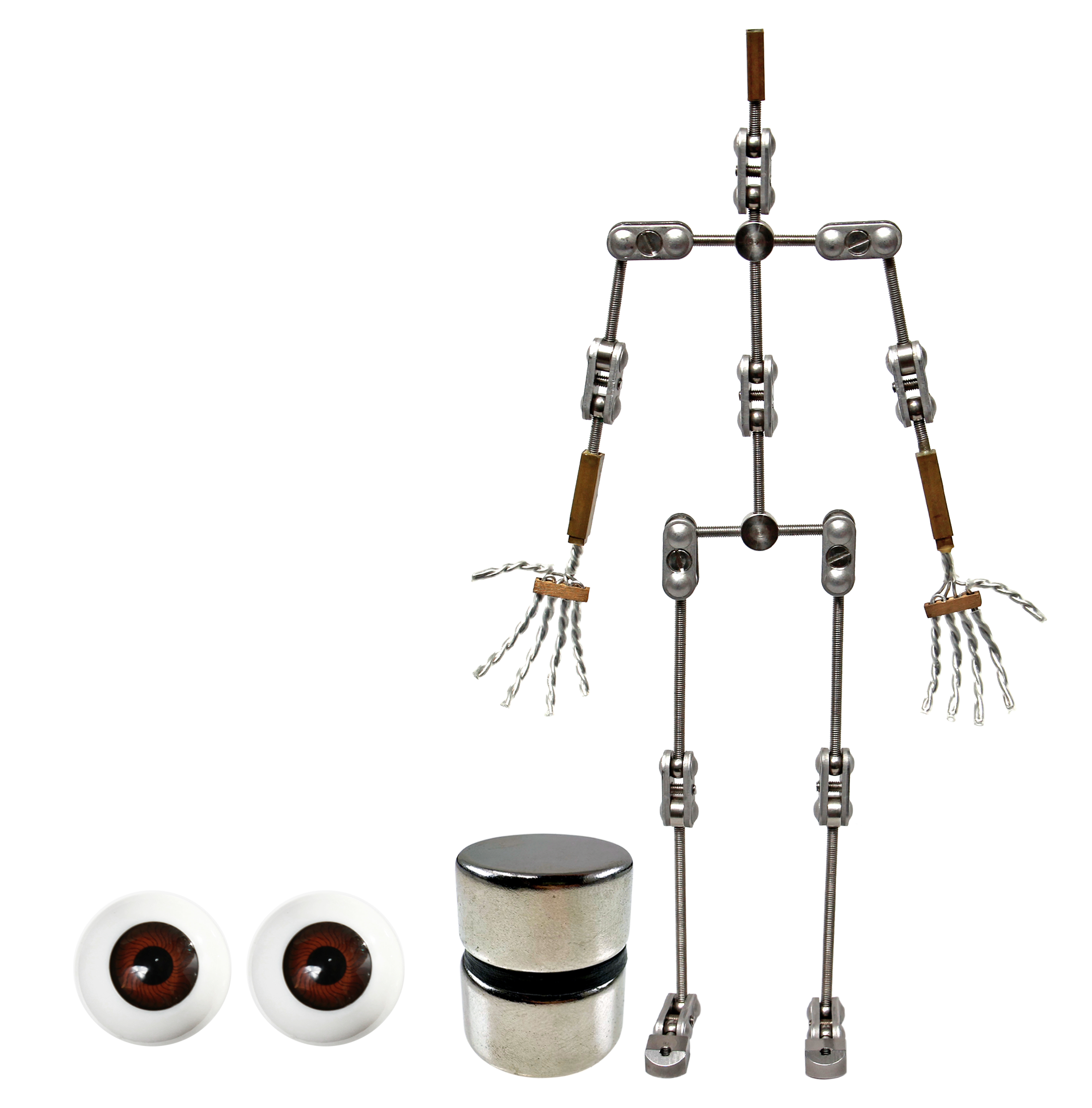 Animation Supplies Bundle Deal - Professional Armature Kit, Standard Tie-Down Magnets and Brown Acrylic Eyes.