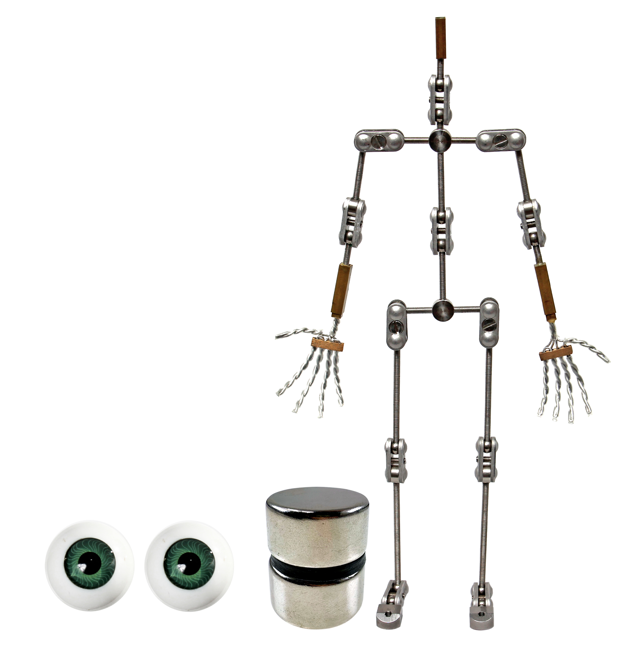 Animation Supplies Bundle Deal - Professional Armature Kit, Standard Tie-Down Magnets and Green Acrylic Eyes.