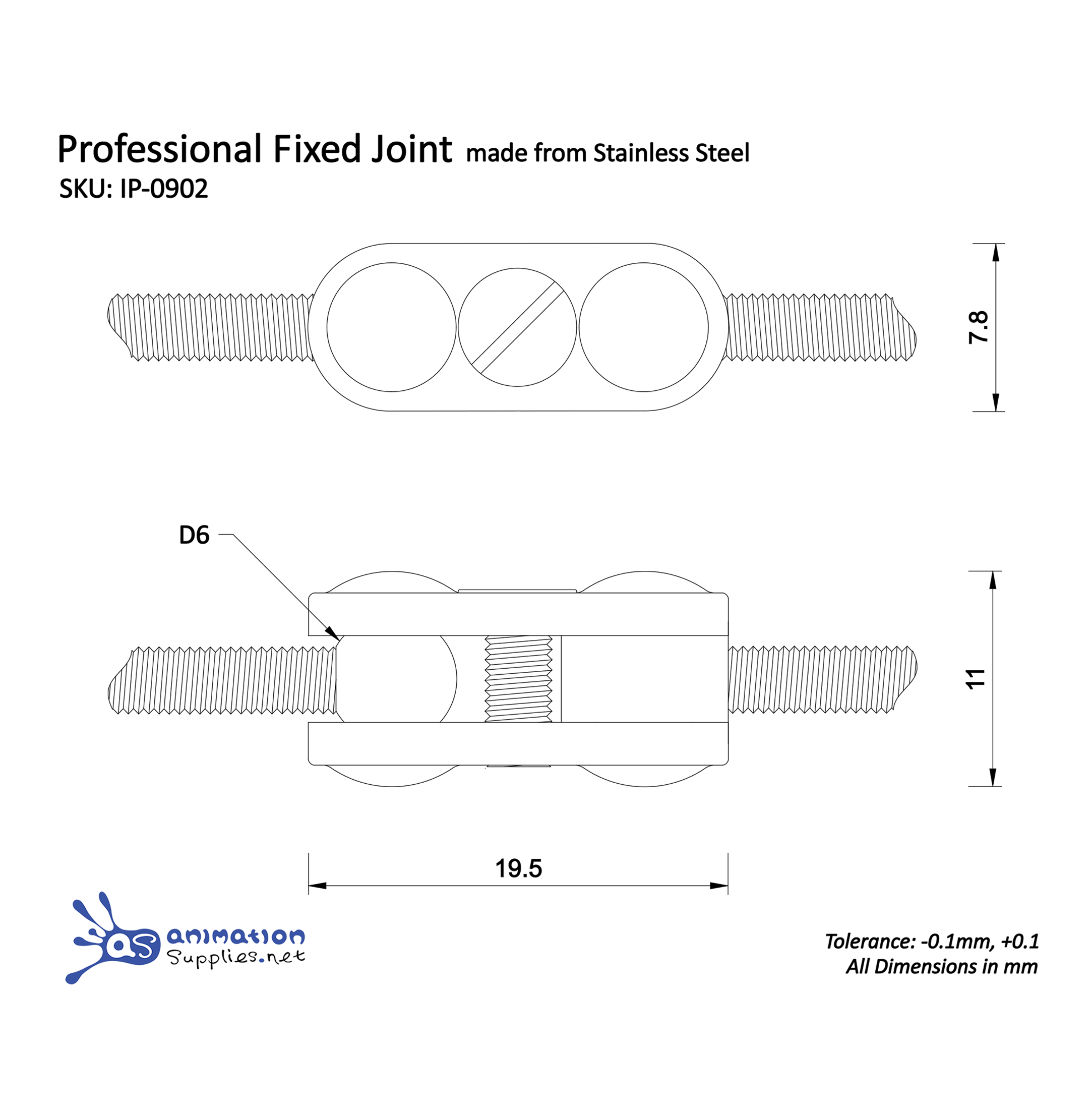 Technical drawing of a professional fixed stop motion joint made from stainless steel with dimensions and tolerances. Used in our Professional Animation Armatures.