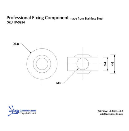 Technical drawing of a professional fixing component made from stainless steel with dimensions and tolerances. Used in our Professional and ProPlus Stop Motion Armatures.