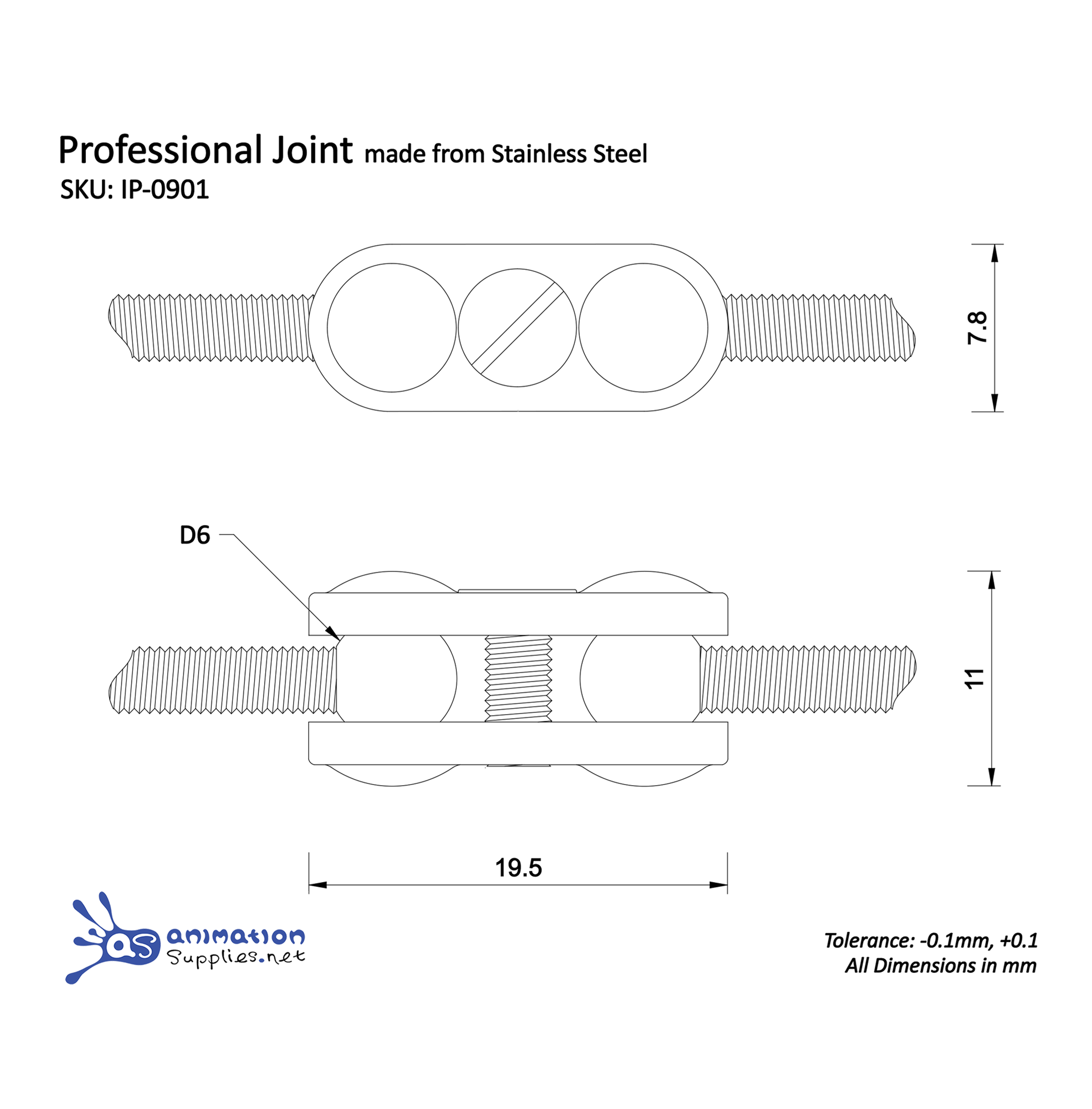 Technical drawing of a professional armature joint made from stainless steel with dimensions and tolerances. Used in stop motion armatures.