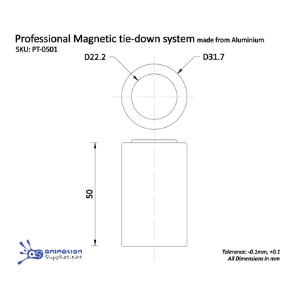 Technical drawing of a professional animation magnetic tie-down system in aluminium housing with dimensions.
