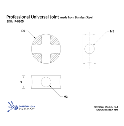 Technical drawing of a professional universal joint made from stainless steel with dimensions and tolerances. Used in Animation Supplies Armature Kits.