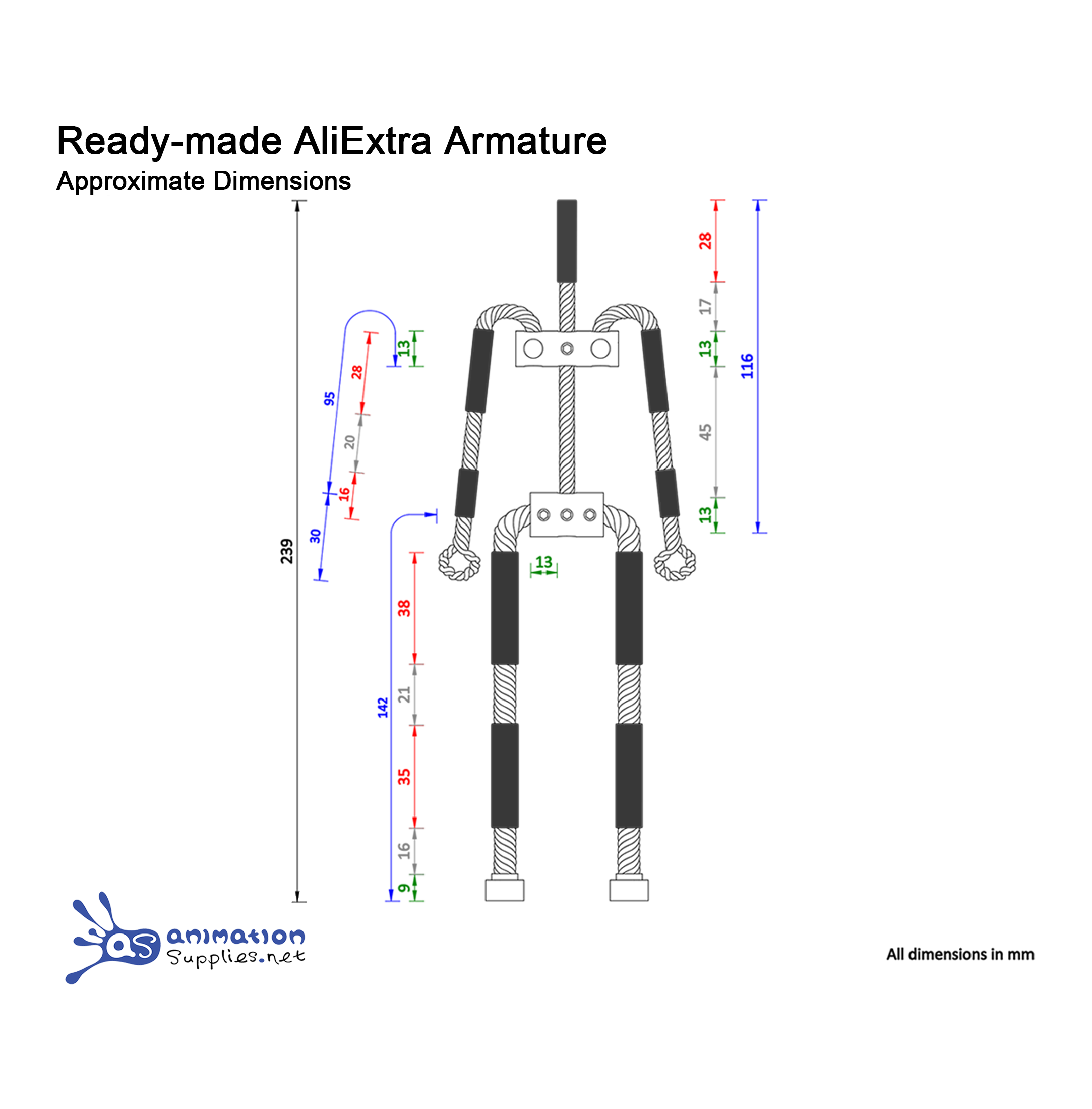 Technical drawing of the Ready-made AliExtra Stop Motion Wire Armature from Animation Supplies with  dimensions.