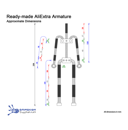 Technical drawing of the Ready-made AliExtra Stop Motion Wire Armature from Animation Supplies with  dimensions.