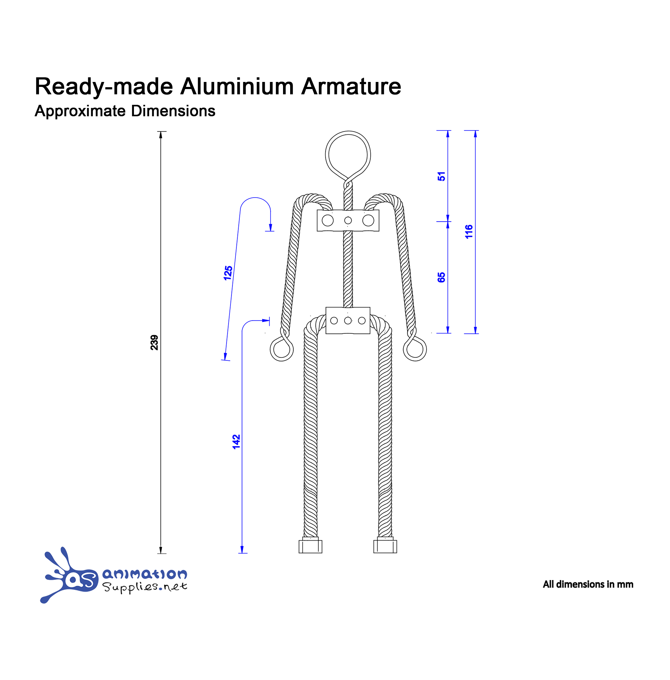 Technical drawing The Animation Supplies ready-made Aluminium Armature with dimensions.