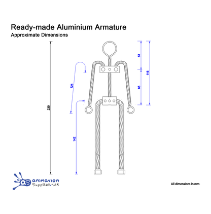 Technical drawing The Animation Supplies ready-made Aluminium Armature with dimensions.