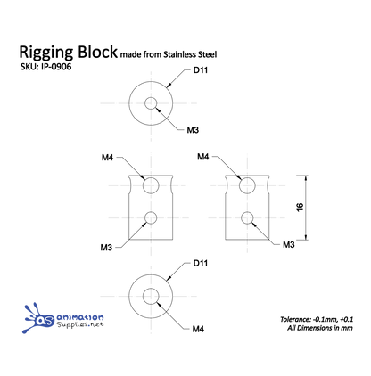 Technical drawing of a rigging block made from stainless steel with dimensions and tolerances. Used to attach rigs to our armature kits.