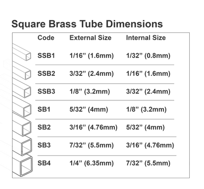 Table showing internal and external dimensions of Square Brass Tubes.