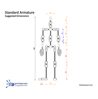 Technical drawing of the Animation Supplies Standard Armature kit. Showing suggested dimensions for an anatomically correct human stop motion armature. 