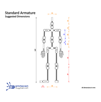Animation Supplies Standard stop motion armature kit with suggested dimensions.
