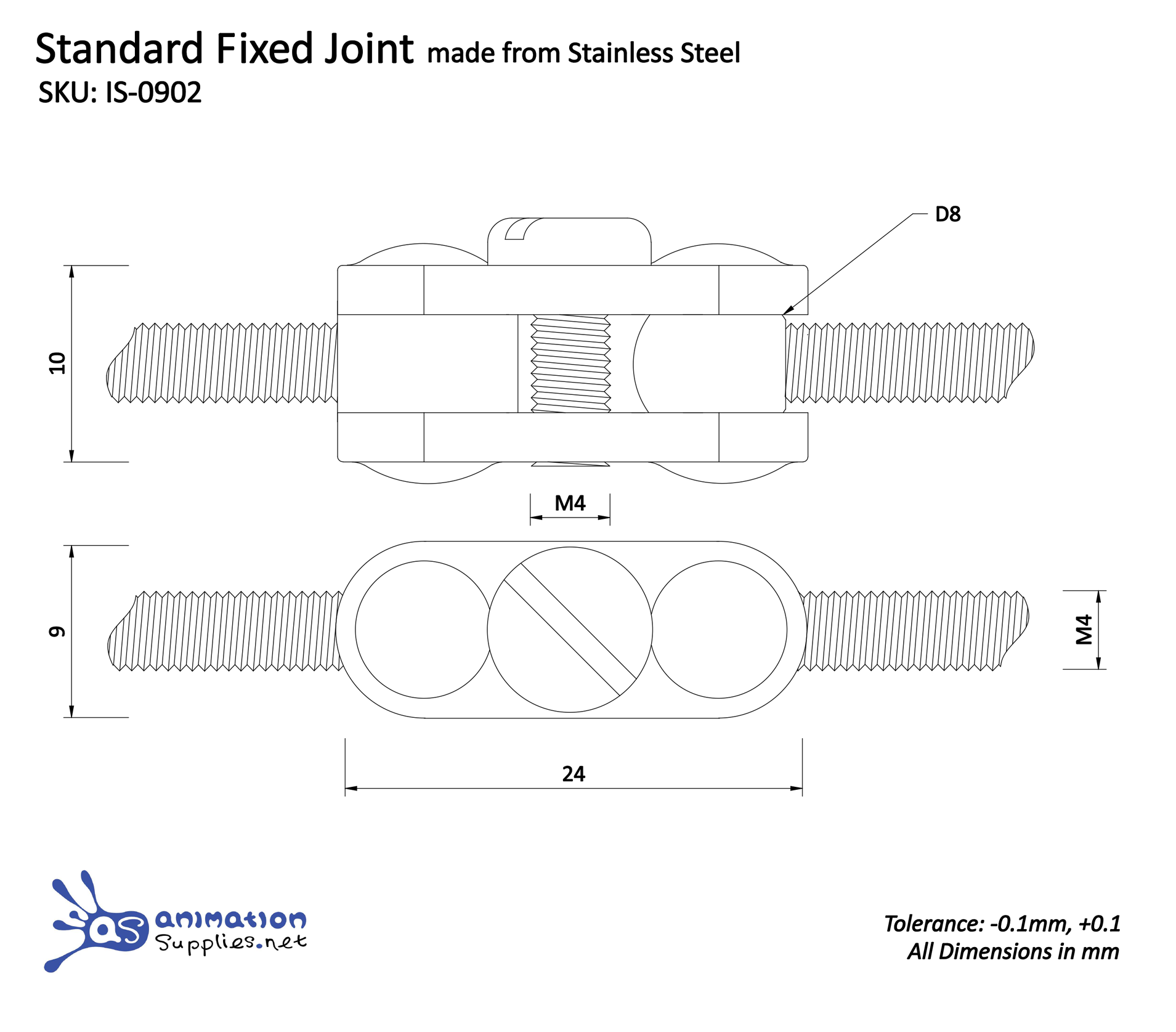 Technical drawing of a standard fixed joint made from stainless steel with dimensions and tolerances. This ball & socket joint is used in our Standard Armatures.