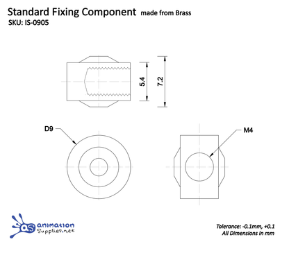 Technical drawing of a standard fixing component made from brass with dimensions and tolerances. Used in our Standard Animation Armature Kits