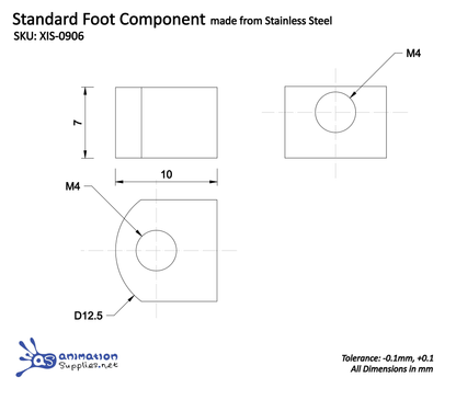 Technical drawing of a standard foot component made from stainless steel with dimensions and tolerances. Used in our Standard Stop Motion Armatures.
