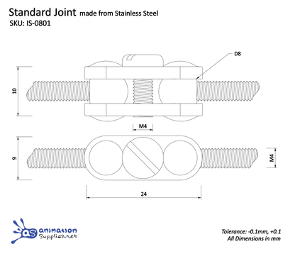 Technical drawing of a standard joint made from stainless steel with dimensions and tolerances. A Ball Joint used in our Standard Armature Kits.