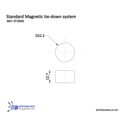 Technical drawing of a standard stop motion magnetic tie-down system with dimensions.