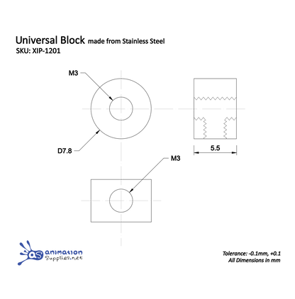 Technical drawing of the Animation Supplies universal block made from stainless steel with dimensions and tolerances.
